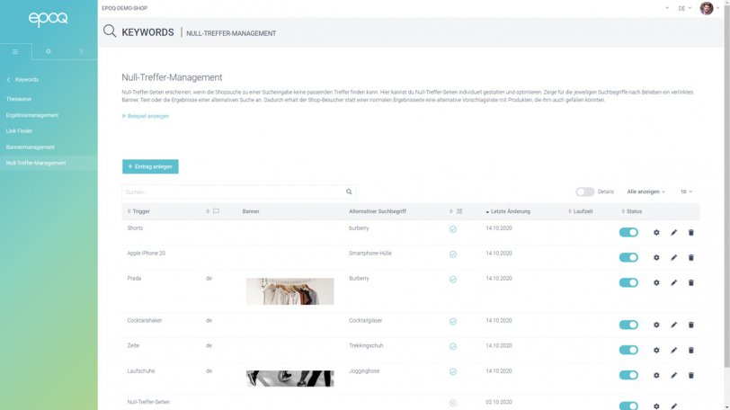 Der Screenshot zeigt eine Übersicht über angelegte Null-Treffer-Seiten im Null-Treffer-Management des Control Desk.