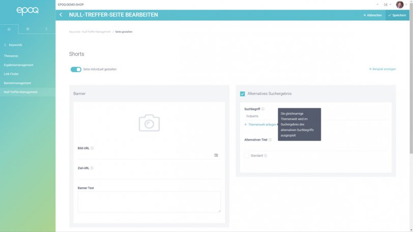 Der Screenshot zeigt wie man im Null-Treffer-Management des Control Desk eine Null-Treffer-Seite individuell bearbeiten und Alternative Suchergebnisse über Themenwelten anlegen kann.
