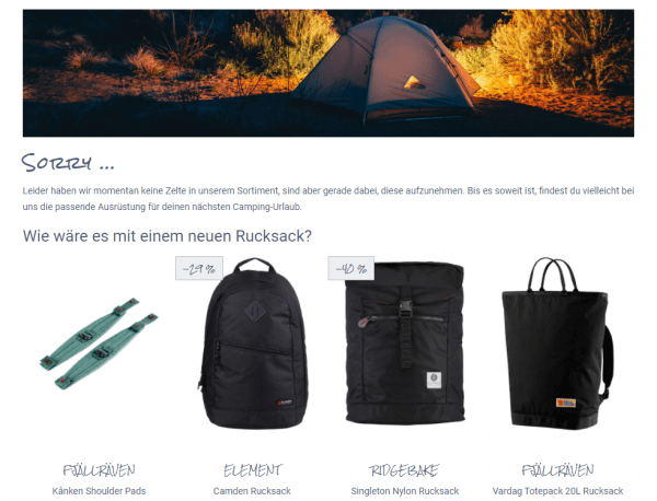 Der Screenshot zeigt ein Beispiel für eine individuell gestaltete Null-Treffer-Seite mit alternativen Suchergebnissen.